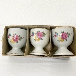 Vtg Foreign Ceramic  Egg Cup With Floral Design Set Of 3